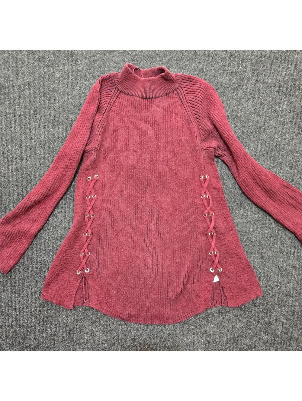 Style & Co Ribbed Mock Neck Sweater Side Lace Up Slit Maroon Burgundy Medium
